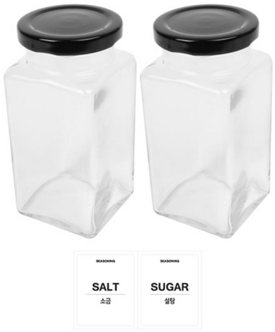 홈앤라이프 유리 사각 양념통 300g x 2p + 블랙캡 2p + 투명 라벨 스티커 소금 + 설탕, 1세트