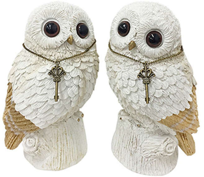 愛爾蘭貓頭鷹雕像2件組, 象牙白 + 金色