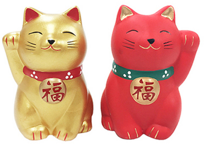 마네키네코 오사카 고양이 조각상 2p, 골드 + 레드