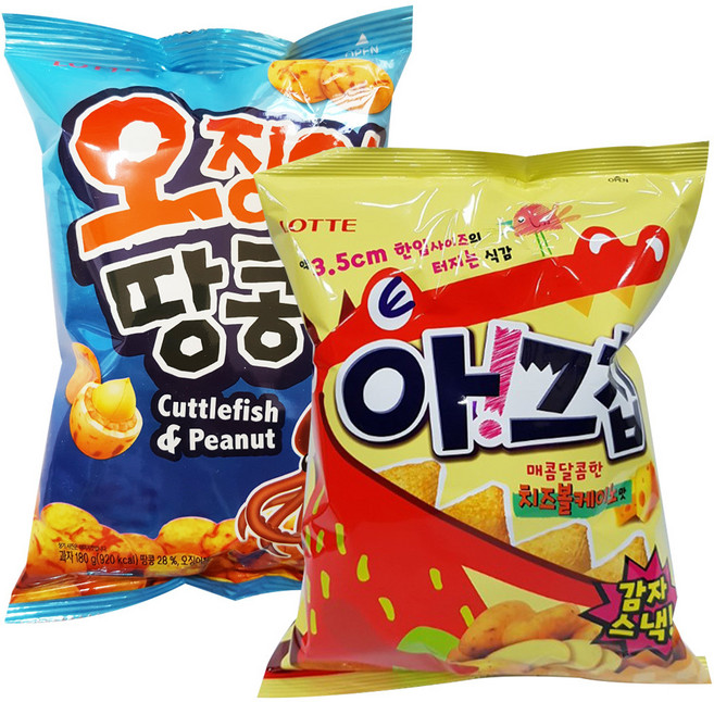 롯데제과 아! 그칩 치즈볼케이노 100g + 롯데 오징어땅콩 180g, 1세트