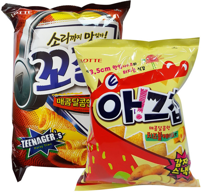롯데제과 아! 그칩 치즈볼케이노 100g + 롯데 꼬깔콘 매콤달콤한맛 155g, 1세트