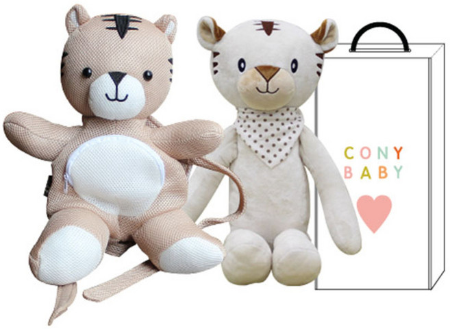 코니베이비 매쉬가방 티티 + 아기백호티티 애착인형 + 선물박스, 가방 (베이지), 애착인형 (아이보리), 1개