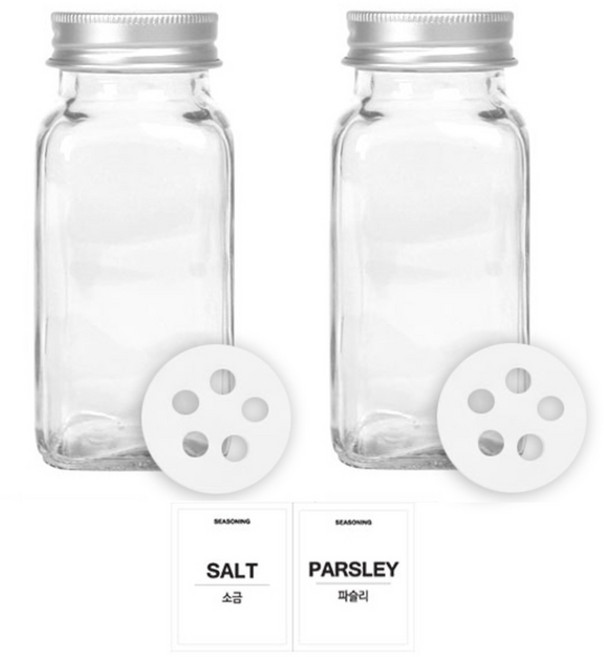 유리 양념통 사각 전용캡 180g, 1세트, 양념통 사각 2p + 조미료 전용캡 2p + 투명스티커(소금 + 파슬리)