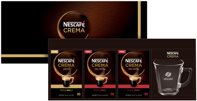 네스카페 크레마 커피세트 12호 + 쇼핑백, 아메리카노 30g + 인텐소 아메리카노 30g x 2개 + 골드 글라스 머그 260ml, 1세트