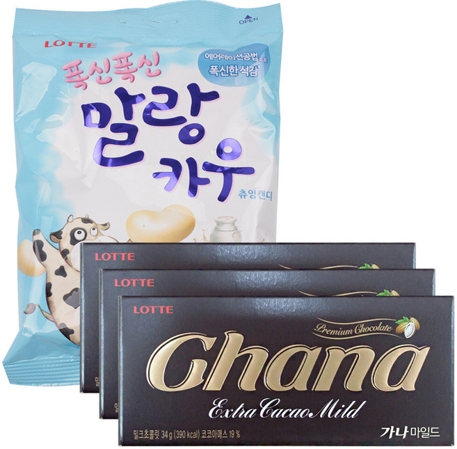 롯데제과 말랑카우 밀크 158g +가나마일드 초콜릿 34g x 3p, 1세트, 158g + 34g