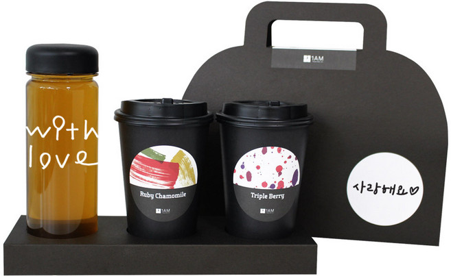 1AM 쥬뗌므 블랜딩 프리미엄 차세트 검은뚜껑, 보틀 + 스티커 with love + 루비 캐모마일 3p + 트리플 베리 3p + 패키지 블랙 사랑해요, 1세트
