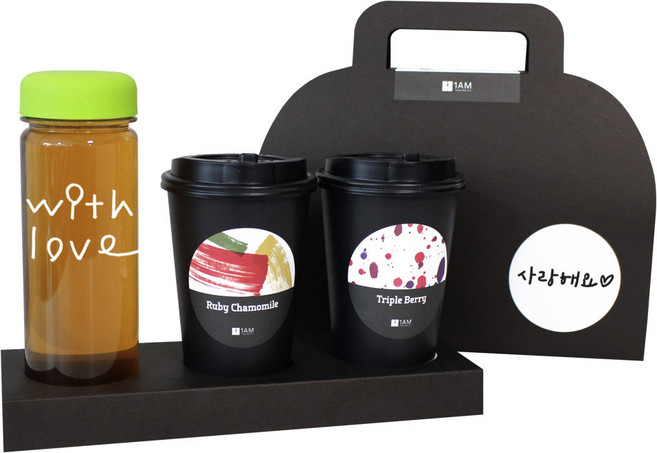 1AM 쥬뗌므 블랜딩 프리미엄 차세트 연두뚜껑, 보틀 + 스티커 with love + 루비 캐모마일 3p + 트리플 베리 3p + 패키지 블랙 사랑해요, 1세트