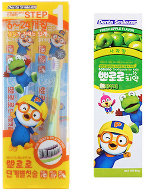 뽀로로 단계별칫솔 1단계 2p 랜덤 발송 + 치약, 사과향, 1세트