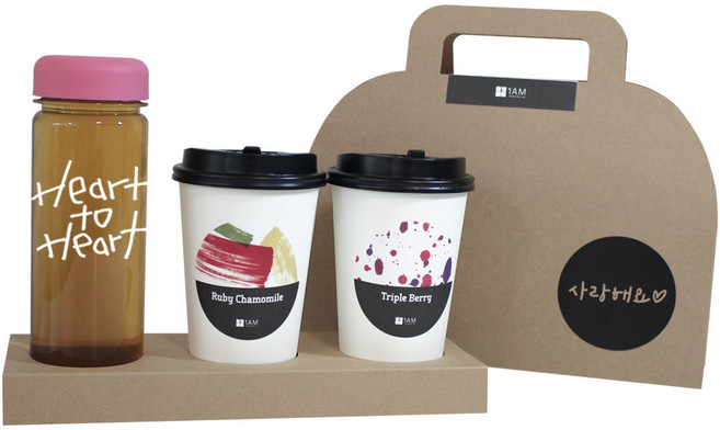 1AM 쥬뗌므 블랜딩 프리미엄 차세트, 크라프트 패키지 + 티백세트(테이크아웃잔 2p + 루비 캐모마일 3p + 트리플 베리 3p) + Heart to H 보틀 스티커 + 분홍뚜껑 보틀 + 사랑해요 패키지 스티커, 1세트