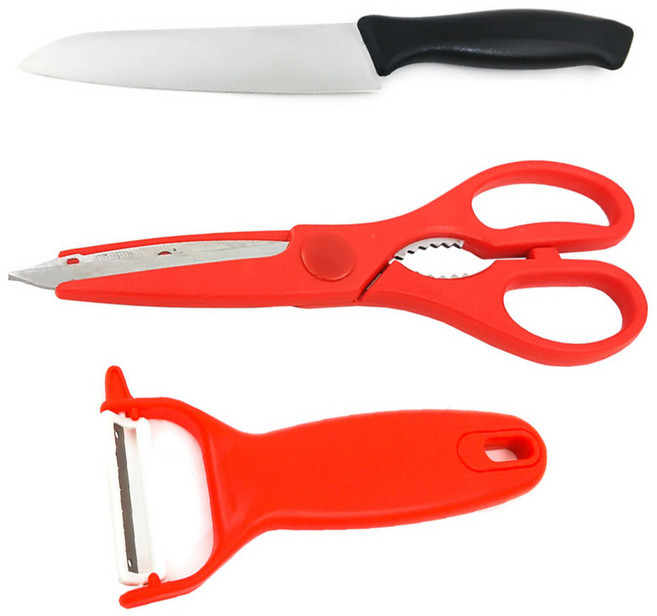 코코렉스 렉스 고급과도 + 심플 주방가위 + 감자칼, 1세트, 과도 + 가위 + 감자칼 레드