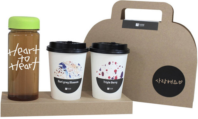 1AM 쥬뗌므 블랜딩 프리미엄 차세트, 크라프트 패키지 + 티백세트(테이크아웃잔 2p + 얼그레이 블라썸 3p + 트리플 베리 3p) + Heart to H 보틀 스티커 + 연두뚜껑 보틀 + 사랑해요 패키지 스티커, 1세트