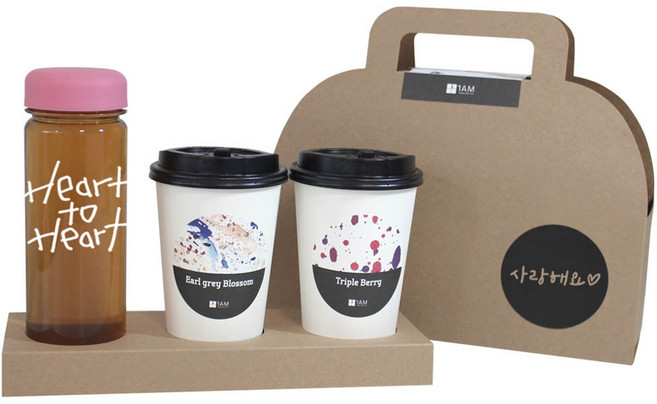 1AM 쥬뗌므 블랜딩 프리미엄 차세트, 크라프트 패키지 + 티백세트(테이크아웃잔 2p + 얼그레이 블라썸 3p + 트리플 베리 3p) + Heart to H 보틀 스티커 + 분홍뚜껑 보틀 + 사랑해요 패키지 스티커, 1세트