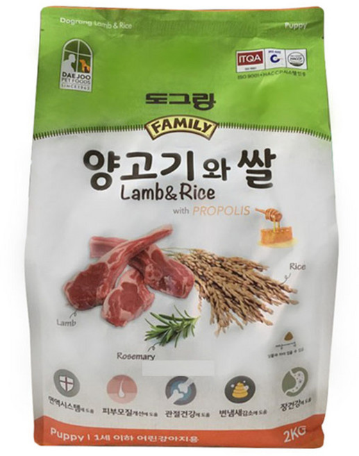 도그랑 훼미리 퍼피 건식사료, 양+쌀, 2kg, 1개