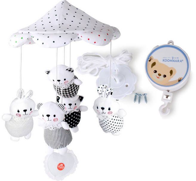 꿈나라 흑백 모빌 + 수동 오르골 세트, 혼합 색상, 1개