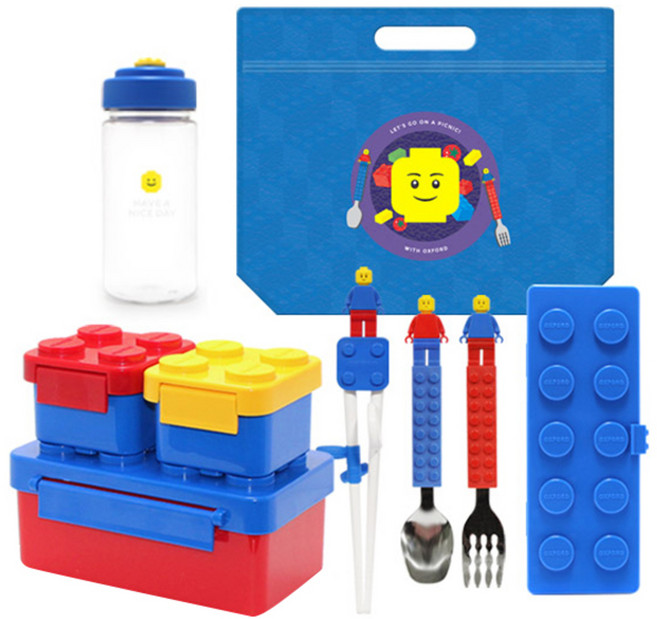 옥스포드 아동용 블럭 런치박스 세트 + 수저 포크 케이스 세트 + 보틀 + 피크닉 보냉팩, 혼합색상 + 블루, 1세트