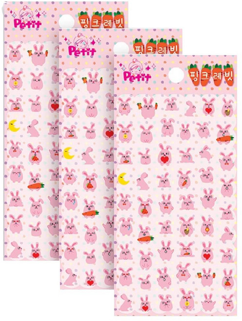 쁘띠팬시 핑크래빗 팬시스티커, 혼합 색상, 3개
