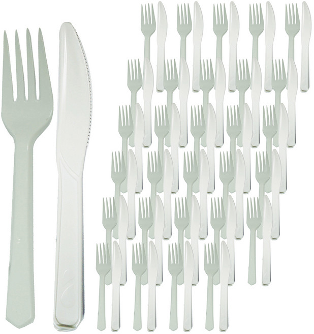 투고팩 위생 개별 포장 백색 일회용 포크 + 나이프 세트, 50개, 1세트