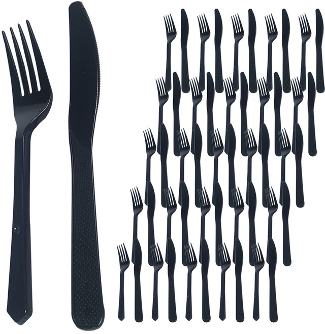 투고팩 위생적인 개별 포장 블랙 일회용 포크 50p + 나이프 50p 세트, 100개, 1세트