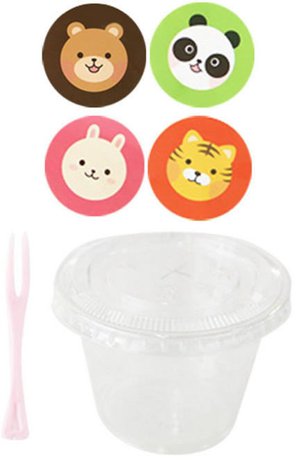 황씨네도시락 투명머핀컵 소 36p + 평면뚜껑 36p + 애니멀스티커 원형 36p + 미니포크 36p, 1세트