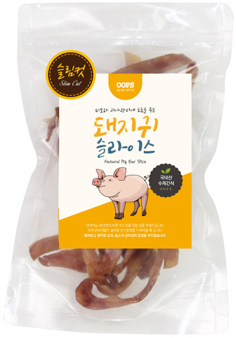 웁스 강아지 국내산 슬라이스 슬림컷 간식, 돼지귀, 60g, 1개