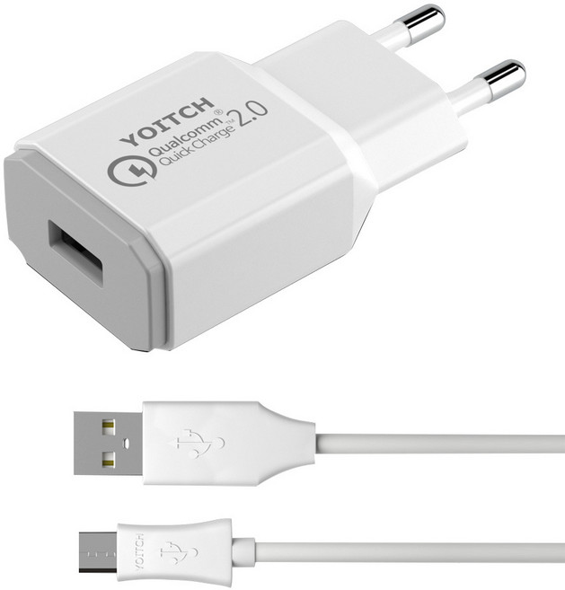 요이치 퀵차지 2.0 리버스 USB 어답터 충전기 화이트 + 마이크로 5핀 케이블 1m, 1세트