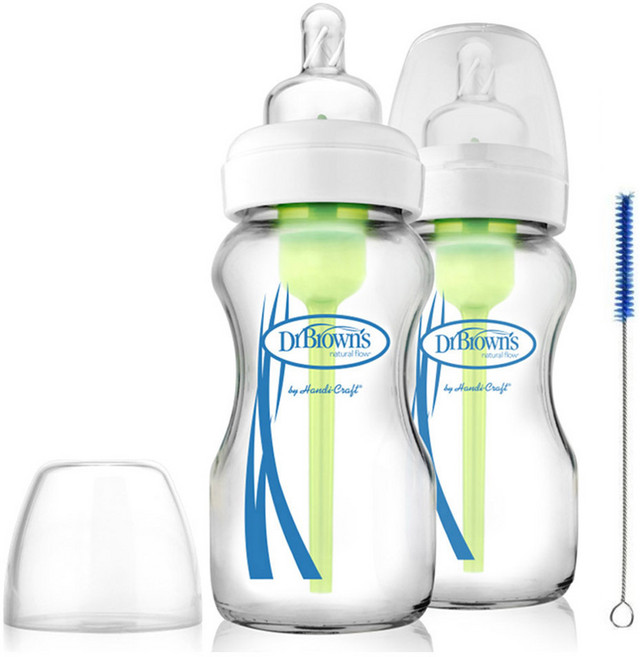 닥터브라운 와이드넥 옵션스 유리 젖병 2p + 크리닝 브러쉬, 혼합 색상, 270ml, 1개