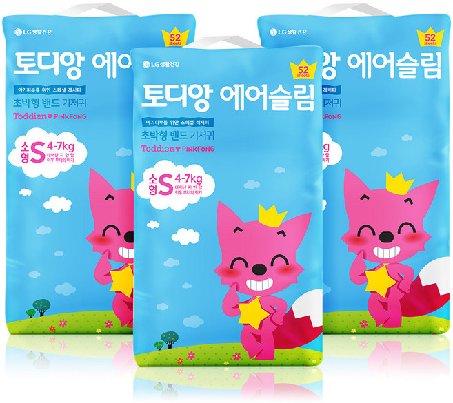 토디앙 핑크퐁 에어슬림 밴드형 기저귀 공용 소형 2단계(4~7kg), 소형(S), 156매