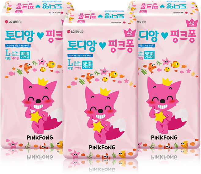 토디앙 핑크퐁 팬티형 기저귀 여아용, 대형(L), 126매