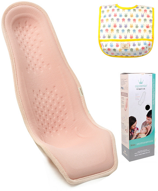 알프레미오 수유시트 + 선물용 박스 + 코튼 방수 턱받이 옐로우토끼, 라이트코랄(메쉬 + 면), 1세트