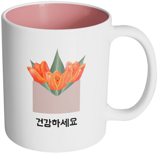 핸드팩토리 튤립 봉투 건강하세요 머그컵, 내부 파스텔 핑크, 1개