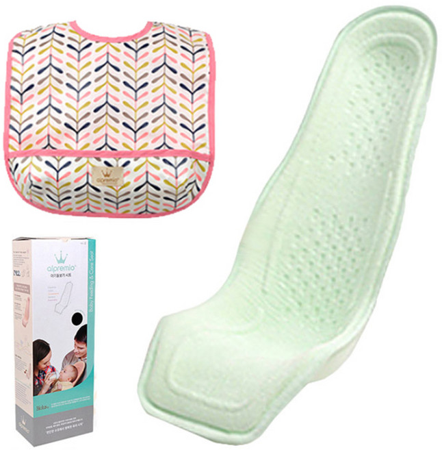 알프레미오 수유시트 + 코튼 방수 유아용턱받이 연핑크 잎사귀 + 선물용박스, 라이트그린(면), 1세트