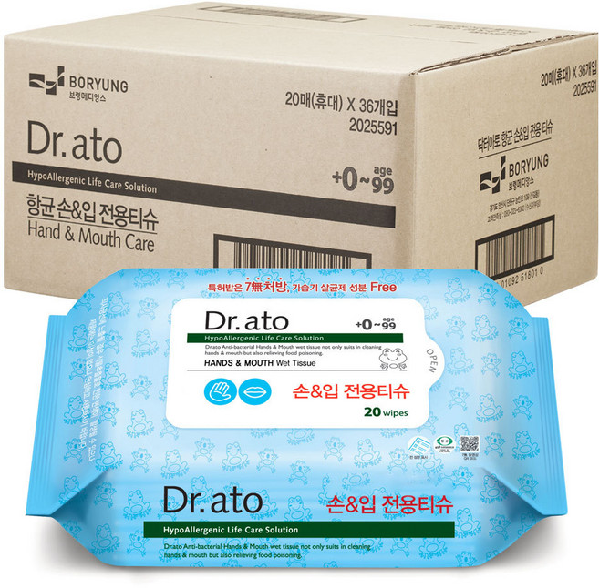 닥터아토 항균 손&입 티슈 Re 휴대용, 60g, 20개입, 36개