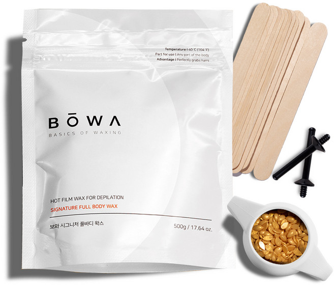 BOWA 시그니처 풀바디 왁싱 베이직 키트 왁스 500g + 실리콘 컵 + 우드 스파츌라 50p + 코털 제거봉 20p 세트, 1개