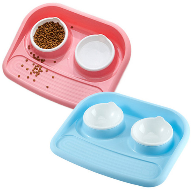 아리코 고양이 & 강아지 이중 튀김 방지 식판 2p, 블루, 핑크, 1세트