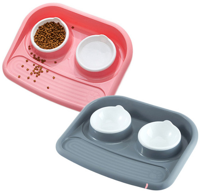아리코 고양이 & 강아지 이중 튀김 방지 식판 2p, 그레이, 핑크, 1세트