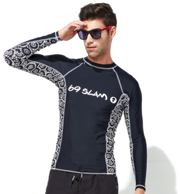 69슬램 남성용 플라워 화이트 휴고 패턴 래쉬가드 상의
