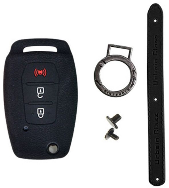 카템 J타입 쌍용 티볼리 G4 렉스턴 폴딩 실리콘 스마트 키 케이스 + 키 링, 블랙