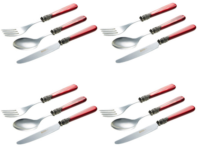 EME 나폴레옹 디저트 3종 4인조 포크나이프세트, 레드, 포크4개 + 스푼4개 + 나이프4개