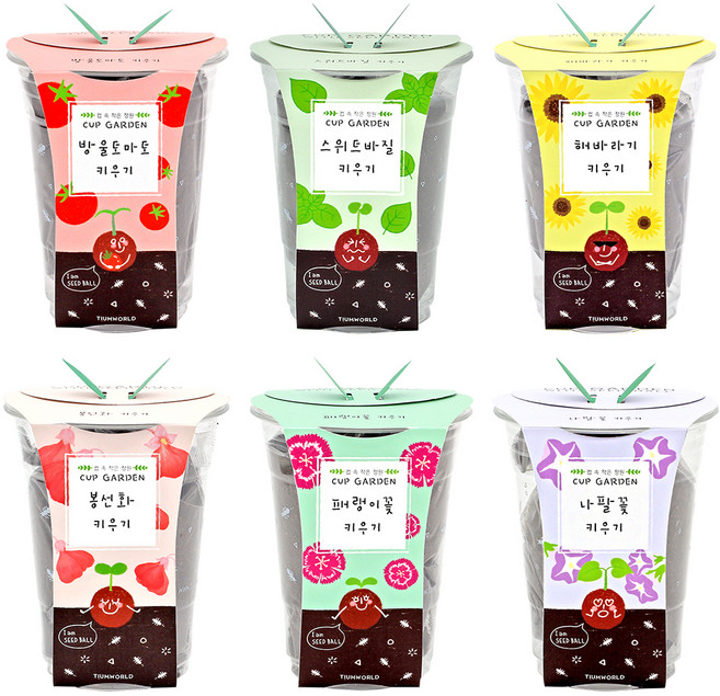 틔움세상 컵가든 씨앗 키우기 6종 세트, 나팔꽃 + 방울토마토 + 패랭이꽃 + 봉선화 + 스위트바질 + 미니해바라기