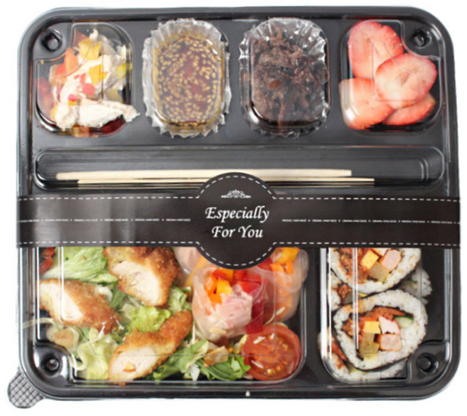 6칸 일회용 돈까스 도시락용기 5p + 블랙 원띠지 5p, 1세트, 5개