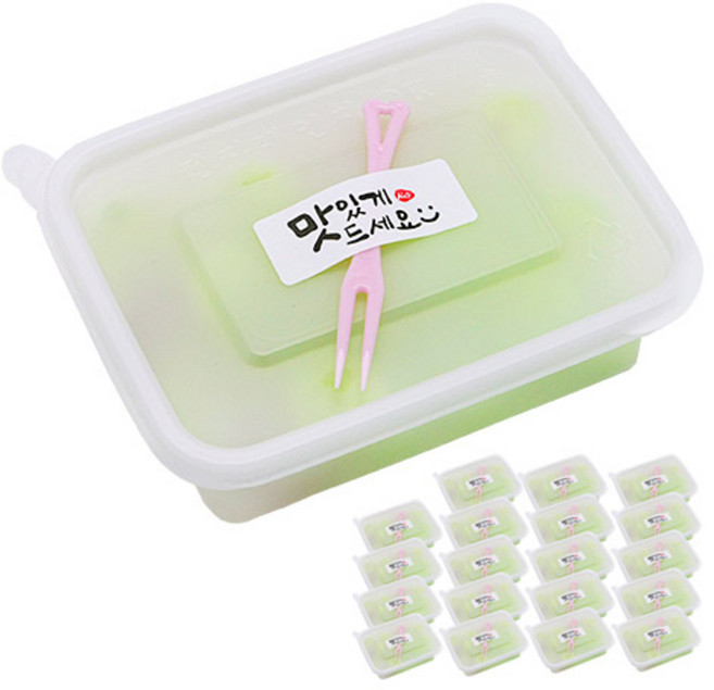 도나앤데코 pp내열 아담한 사각 일회용 용기 한칸 20p + 미니 두발 포크픽 핑크 20p + 스티커 맛있게드세요 20p, 1세트