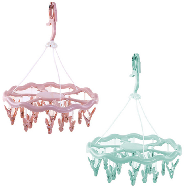 마켓감성 다용도 24집게 빨래 건조대 그린 + 핑크, 1세트