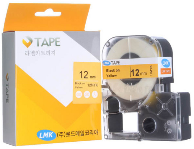 로드메일코리아 라벨프린터용 라벨테이프 카트리지 12mm 12MYK, 12MYK 노랑바탕, 검정글씨, 8.5m