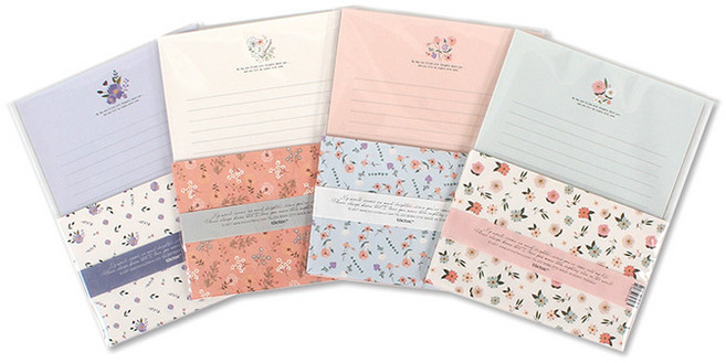 톡톡팬시 1000 프레그런트 플라워 편지지 4종 세트, 아이보리 + 오렌지 + 민트 + 바이올렛