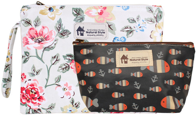 퍼닉 유니크 손잡이 파우치 화이트플라워 2p 세트