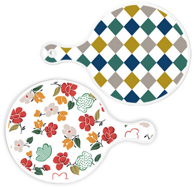 Loem 레트로다이아몬드패턴원형 서빙 도마 2p 세트, 레트로다이아몬드패턴원형, floral 목련 패턴원형, 1세트