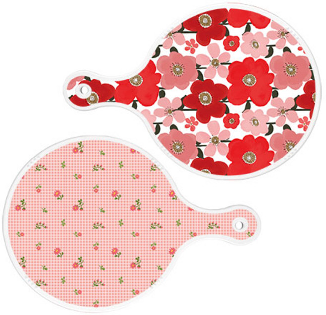로엠디자인 서빙 도마 2p 붉은빛 동백원형 세트, 붉은빛동백원형, 핑크플라워체크원형, 1세트