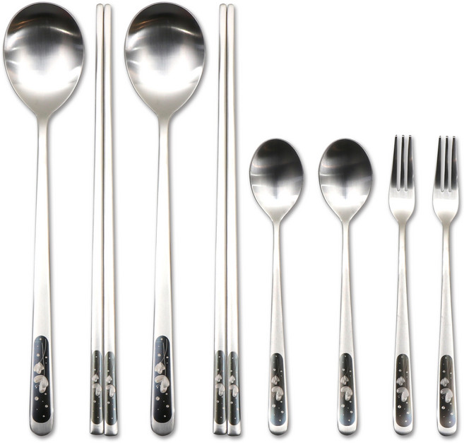 라온누리 팬지 플라워 수저 2인조 세트 블랙, 1세트, 숟가락 2p + 젓가락 2p + 티스푼 2p + 티포크 2p