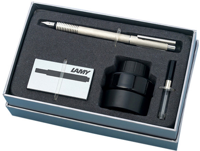 LAMY 만년필 로고 브러시드스틸 병잉크 기프트 세트, EF, 혼합 색상