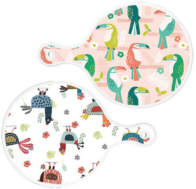 로엠디자인 원형 서빙 도마 보드 2p 구관조핑크 세트, 구관조핑크, 닭패턴, 1세트